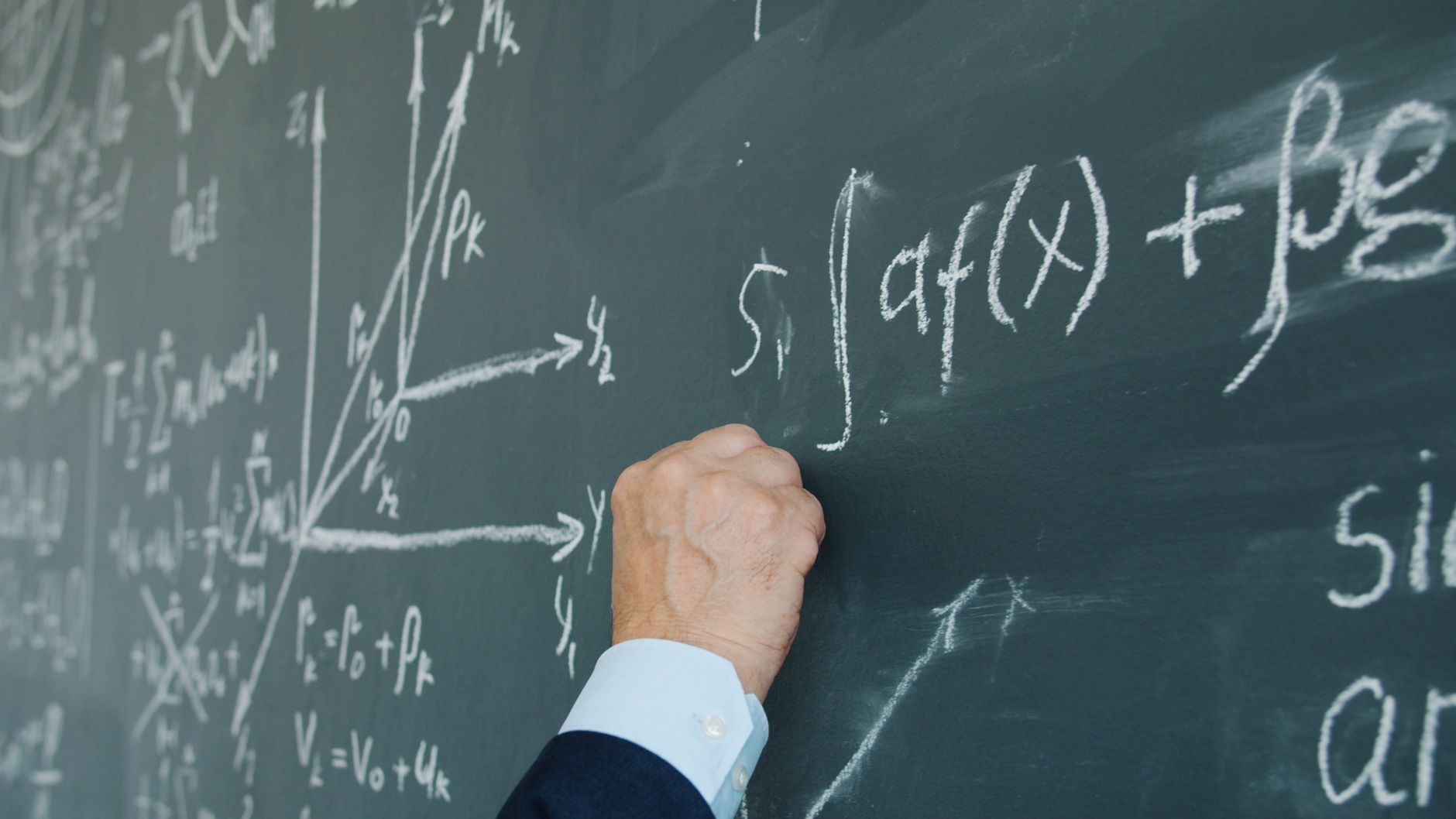 A hand writing mathematical equations on a black chalkboard, featuring various graphs and formulas.